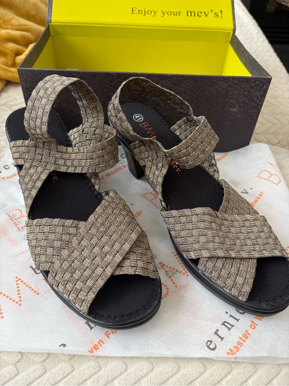 bernie mev. Women’s Metallic Taupe Woven Elastic Crossover High Heel Sandals New